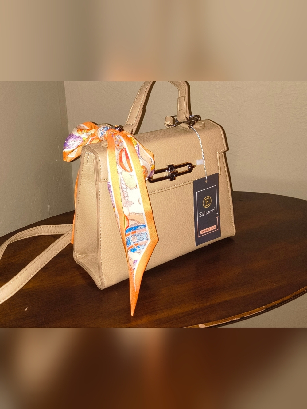 Beige Structured Top-Handle Bag with Scarf Accent